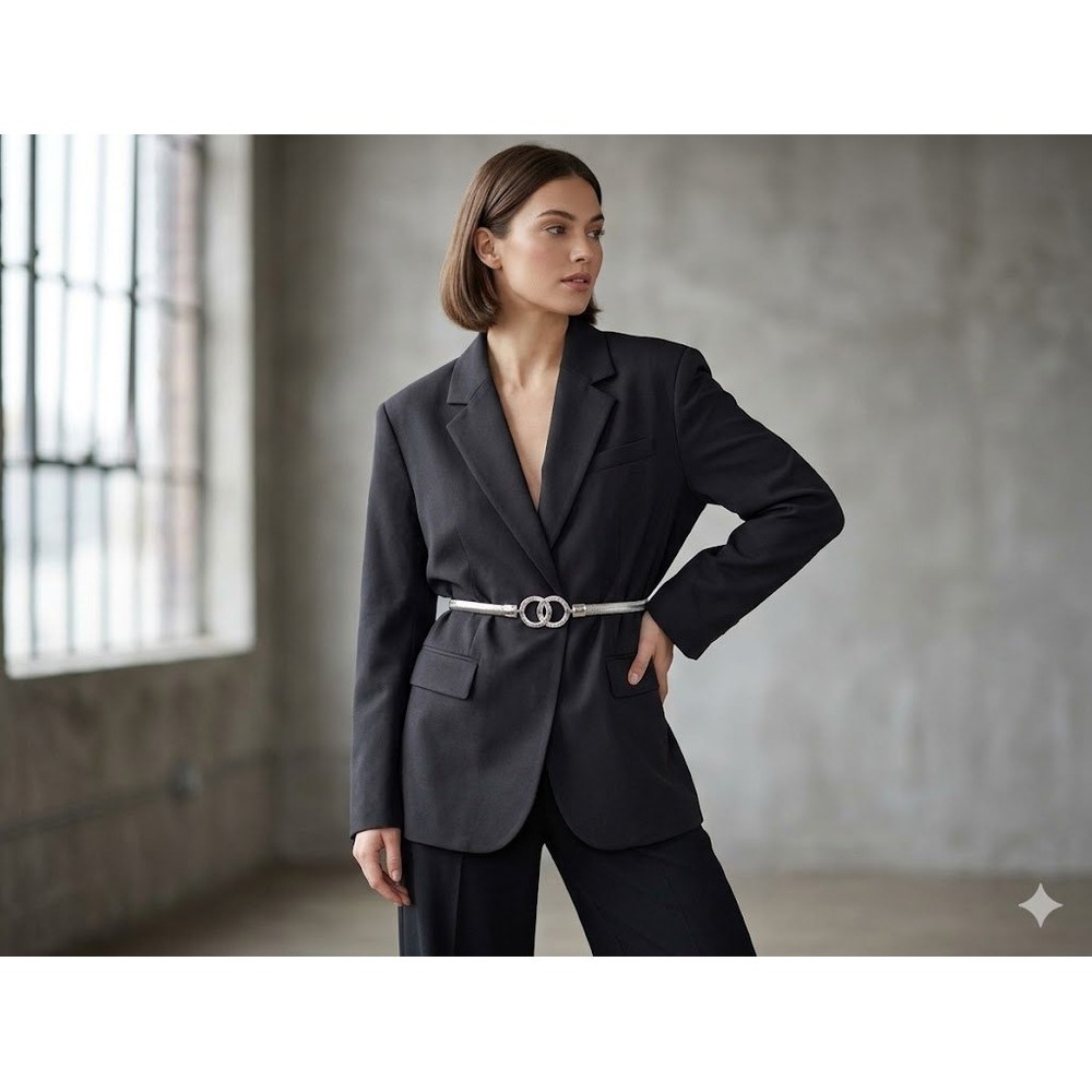 Nine West Silver‎ Tone Snake Chain Metal Belt Double Circle Buckle Minimalist